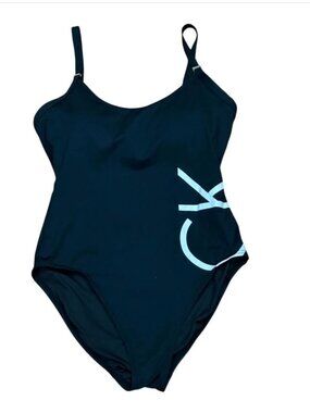 Calvin Klein Swimsuit Womens Medium Black Blue Logo One Piece Adjustable Straps
